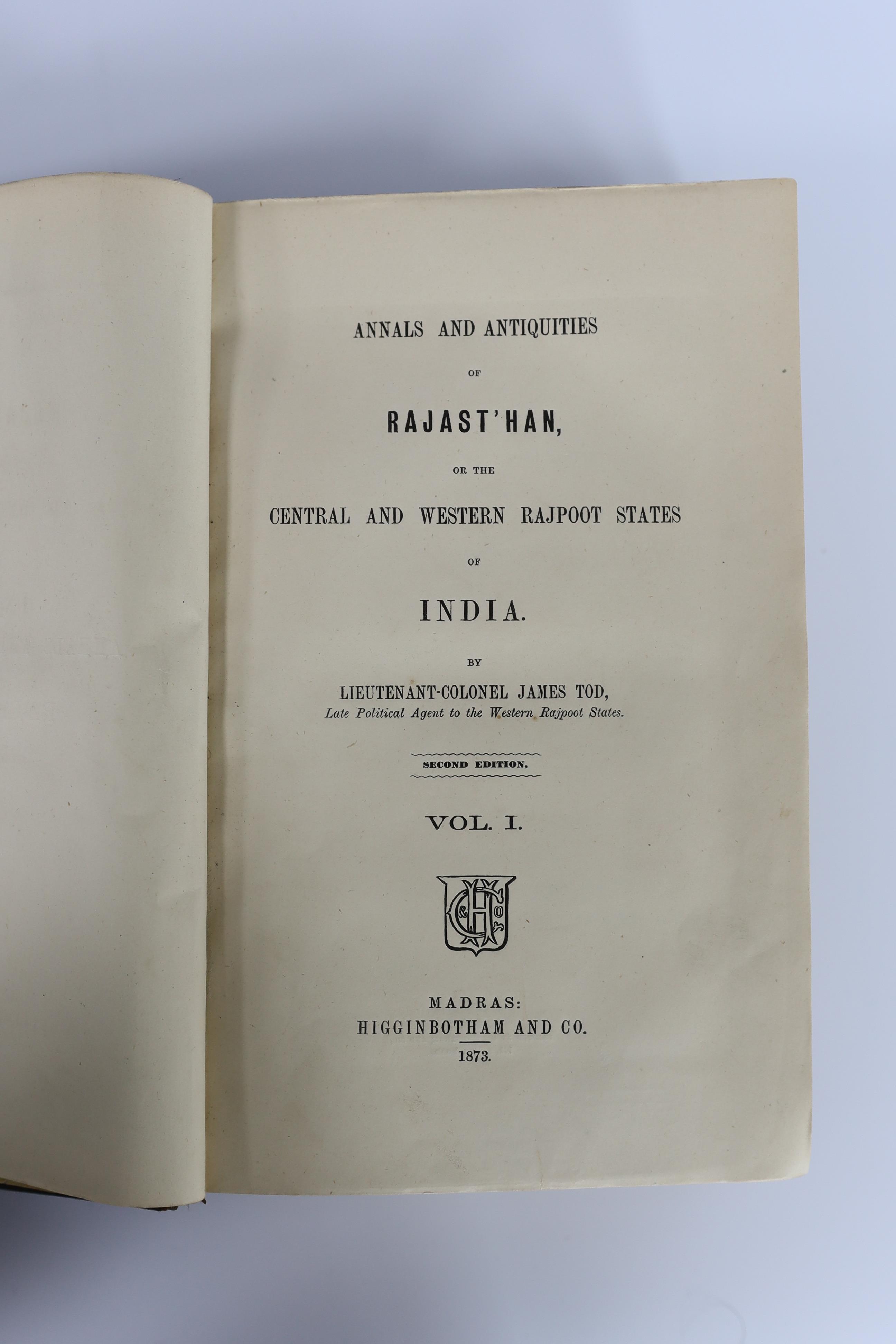 Tod, Lt. Col. James - Annals and Antiquities of Rajast'han, or the Central and Western Rajpoot States of India. 2nd edition, 2 vols. folded and coloured map, a folded facsimile and 4 folded tables; publisher's gilt picto